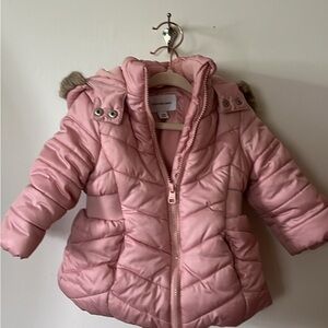 Toddler Calvin Klein Pink Puffer Jacket with Faux Fur Hood